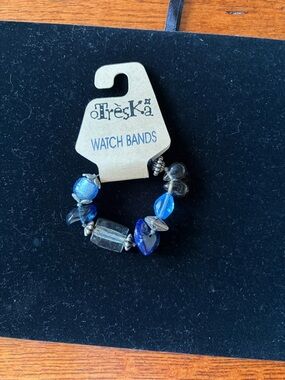 Treska Blue Glass Bead Watch Band with Silver Accents